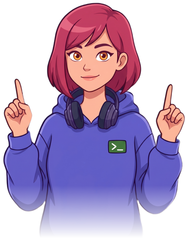 Patch, the animated host of HackerManiacs: a cartoon young woman with a raspberry-pink bob, a violet hoodie with a green terminal patch and headphones around her neck, gesturing as she explains something