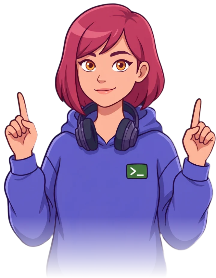 Patch, the HackerManiacs host: a cartoon young woman with a raspberry-pink bob, a violet hoodie and headphones around her neck, gesturing as she explains